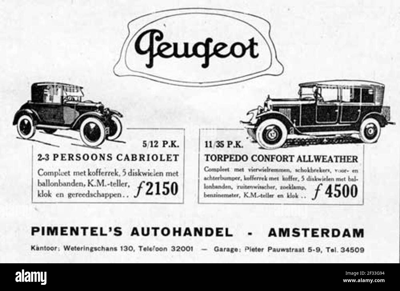Peugeot (F) - Pimentel's Autohandel, Amsterdam advertentie november 1926 Stock Photo