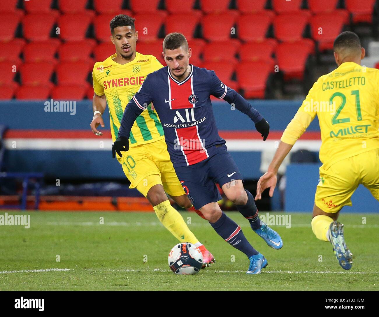 Marco Verratti of PSG, Ludovic Blas of FC Nantes during the French  championship Ligue 1 football match between Paris Saint-Germain and FC  Nantes on March 14, 2021 at Parc des Princes stadium