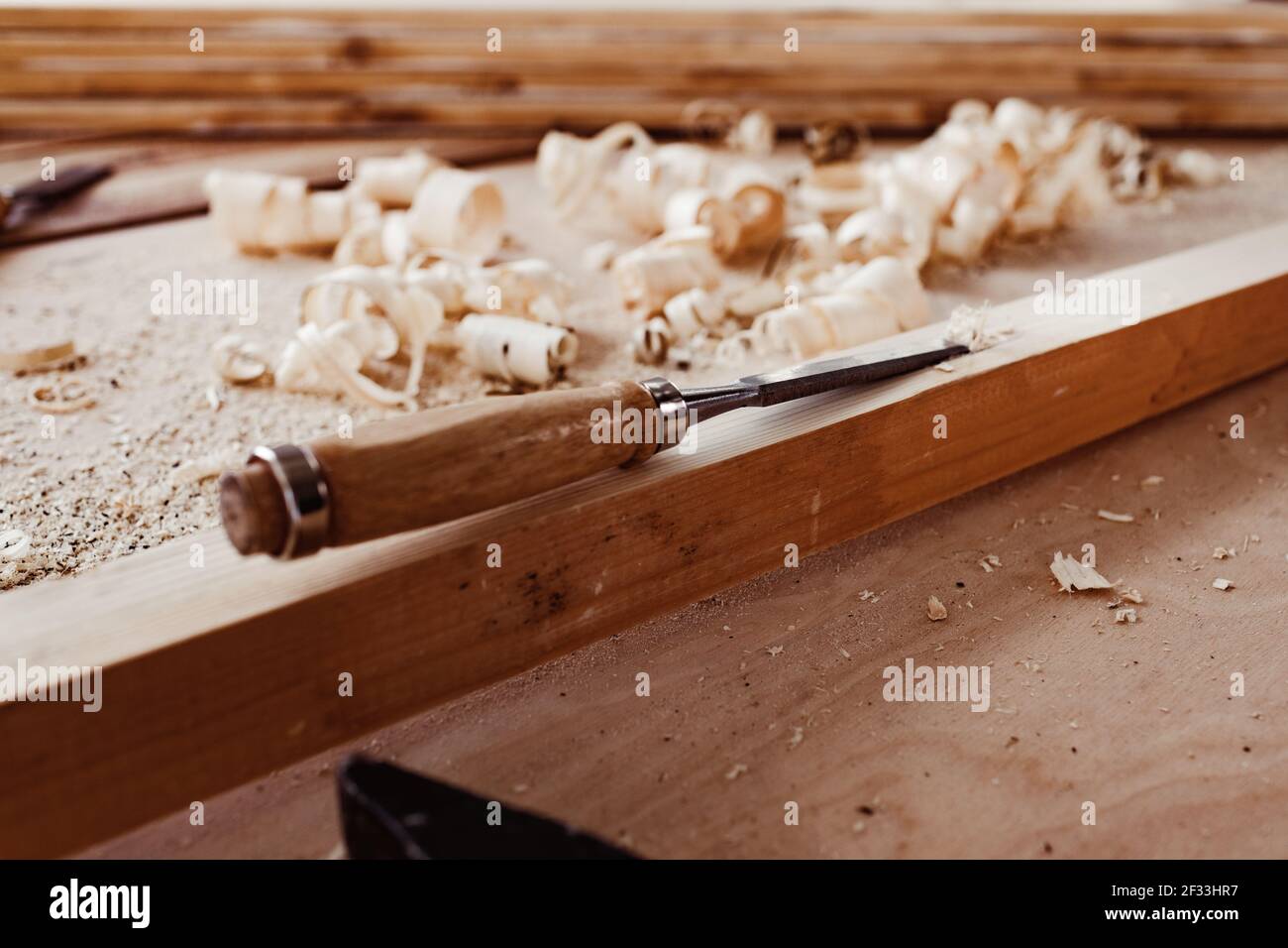 Carpenter's chisel, woodwork tool on the desktop in the workshop Stock ...