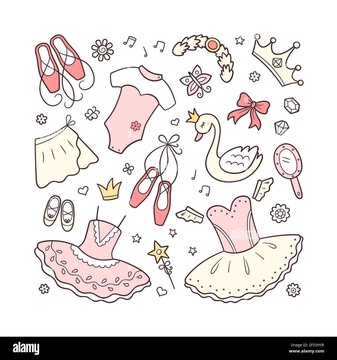 Little ballerina and a set of ballet accessories. Hand drawn tutu, pointes,  ballet dress, swan, crown. Isolated vector illustration in doodle style  Stock Vector Image & Art - Alamy