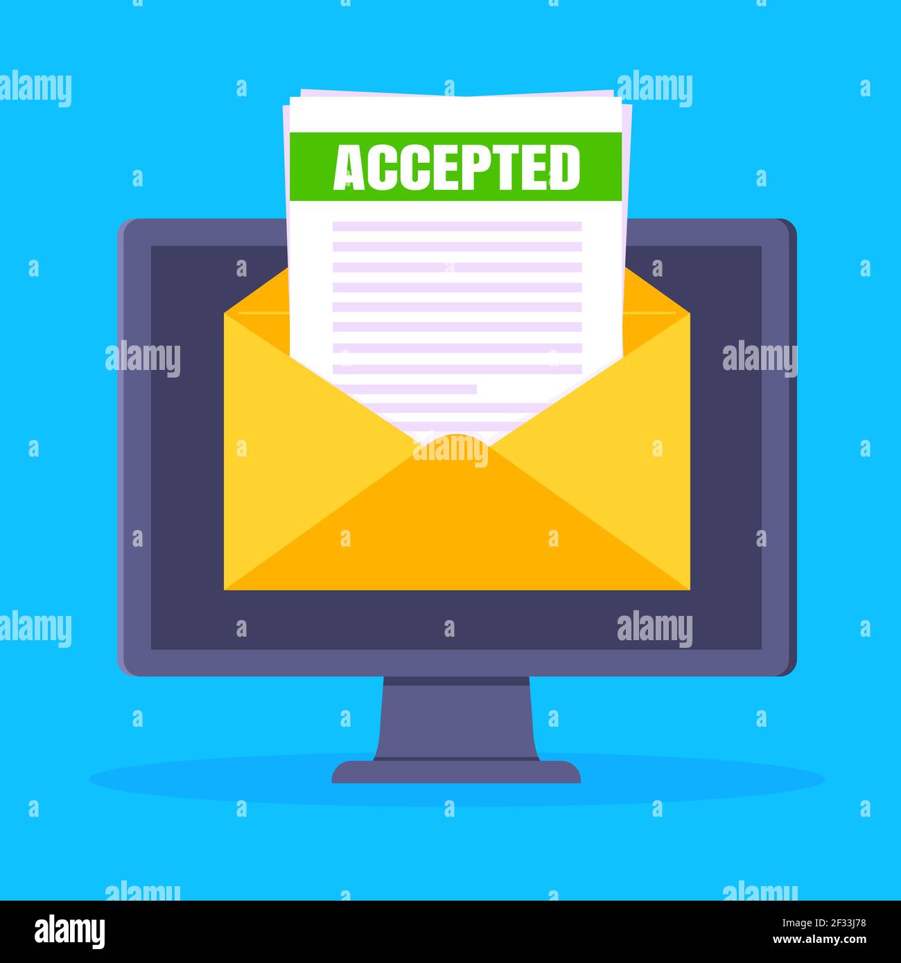 College or university acceptance letter on computer screen, open envelope document email. Job employment offer, college acceptance success or business Stock Vector