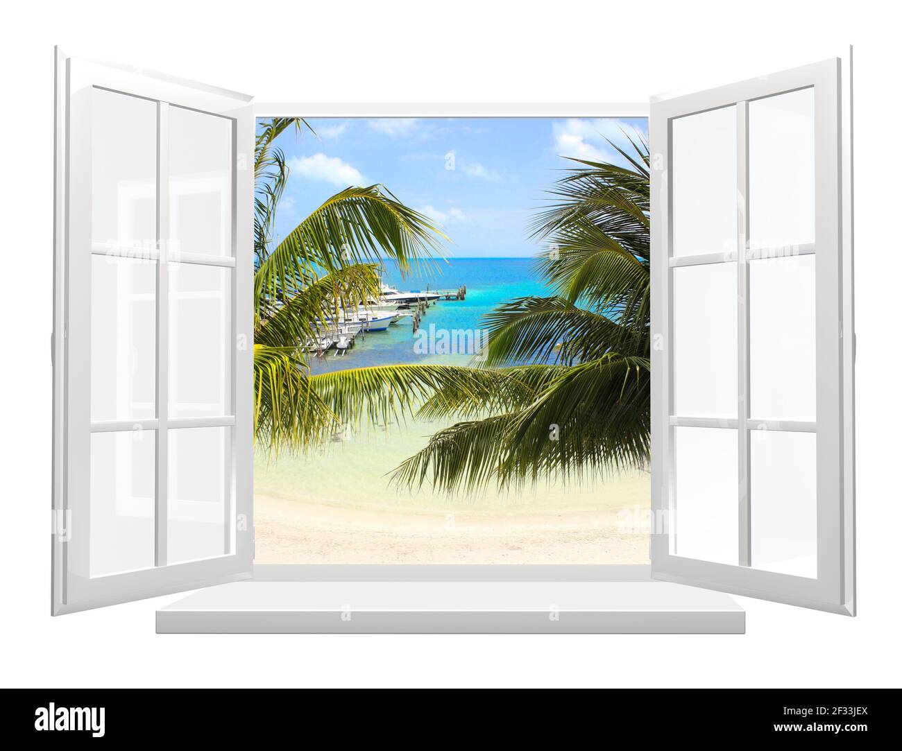 View of ocean through window. Sea view room. Travel, resort, vacation and holiday concept. Beautiful tropical sea view at window in resort. Isolated o Stock Photo