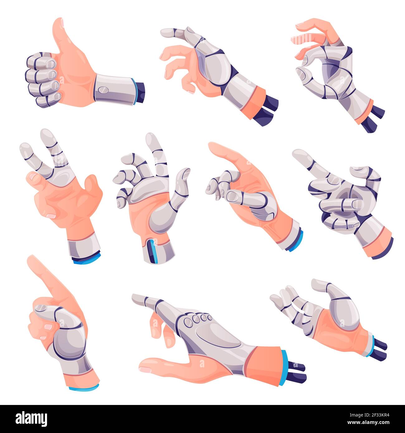 Human hands with fingers robotic prosthesis showing OK, thumbs up hand gestures, reaching or pointing on something. Cyborg palm, robotized limb or rob Stock Vector