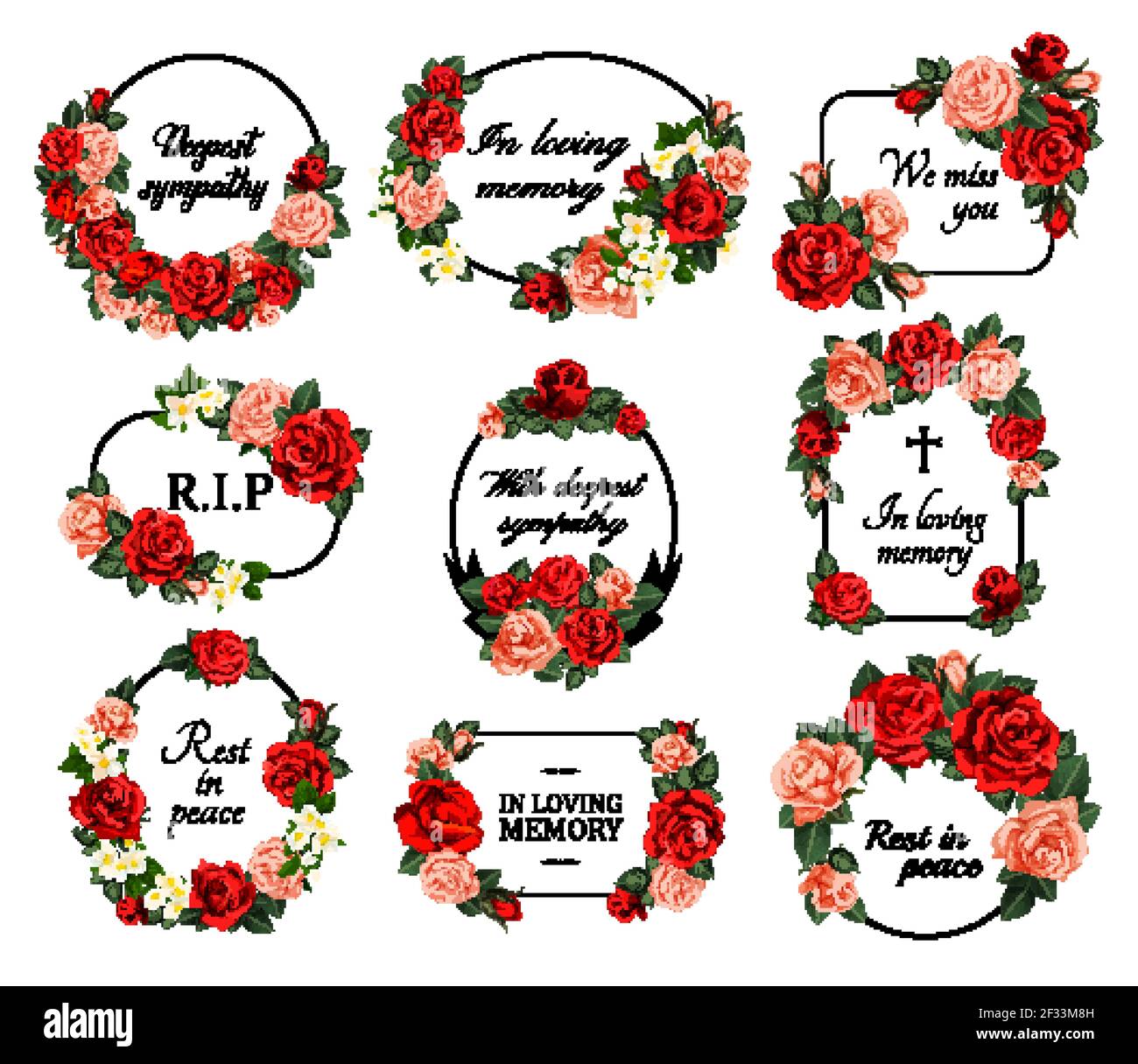 Funeral vector frames with mourning sketch flowers, sincere condolence, rest in peace, deepest sympathy typography. Obituary mournful funereal oval, r Stock Vector