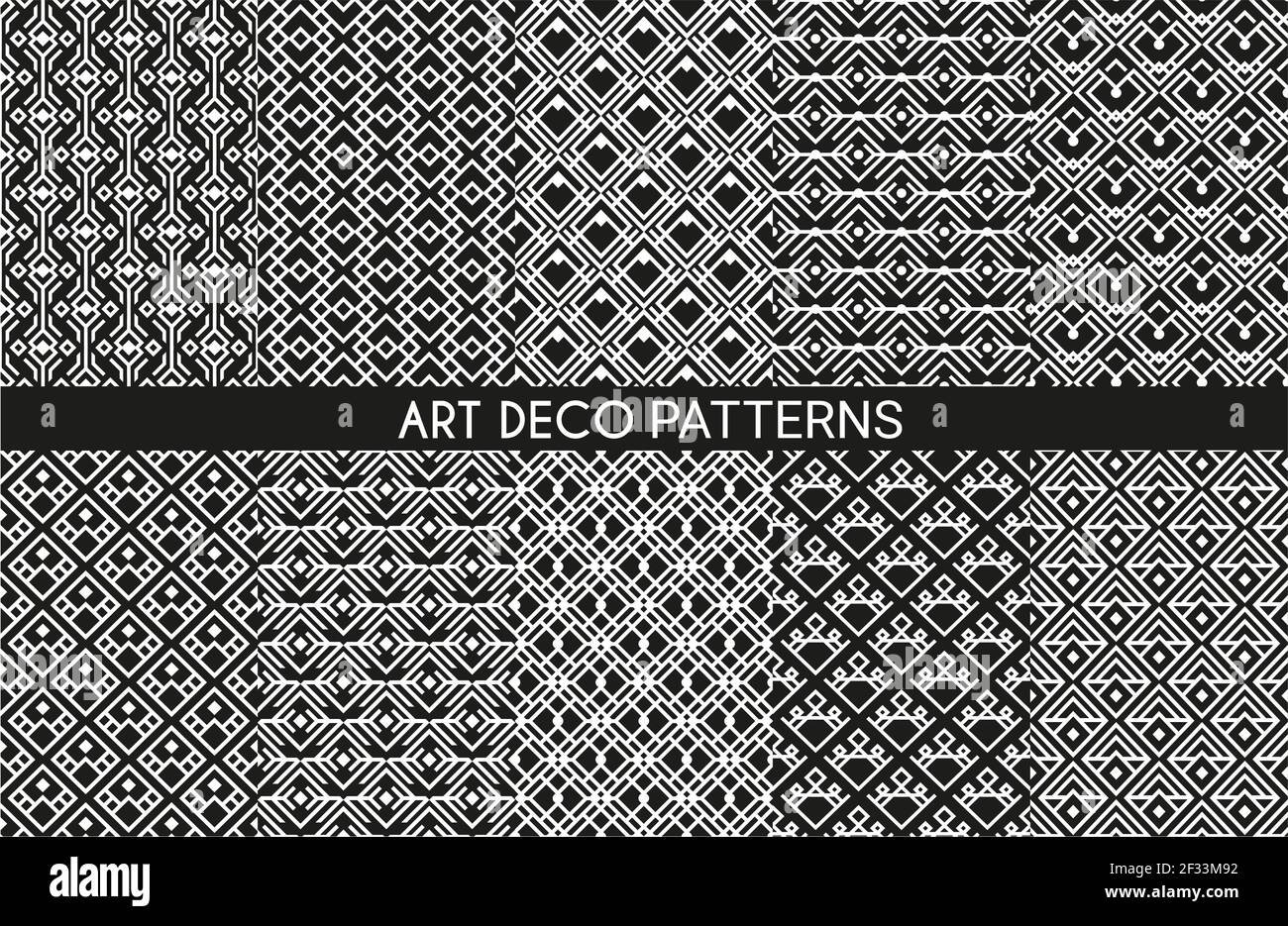 Art deco pattern backgrounds, geometric vintage seamless abstract wallpapers, vector. Luxury retro art deco patterns and geometric line ornaments, bla Stock Vector