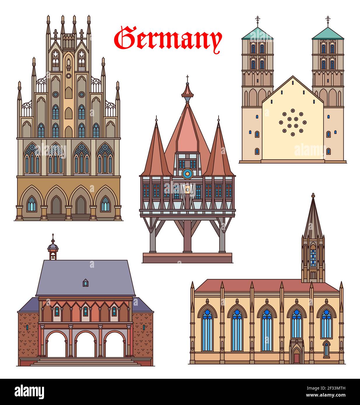 Germany landmark buildings, cathedrals, German travel famous architecture, vector. St Lambert catholic church and rathaus in Munster Westphalia, St Pa Stock Vector