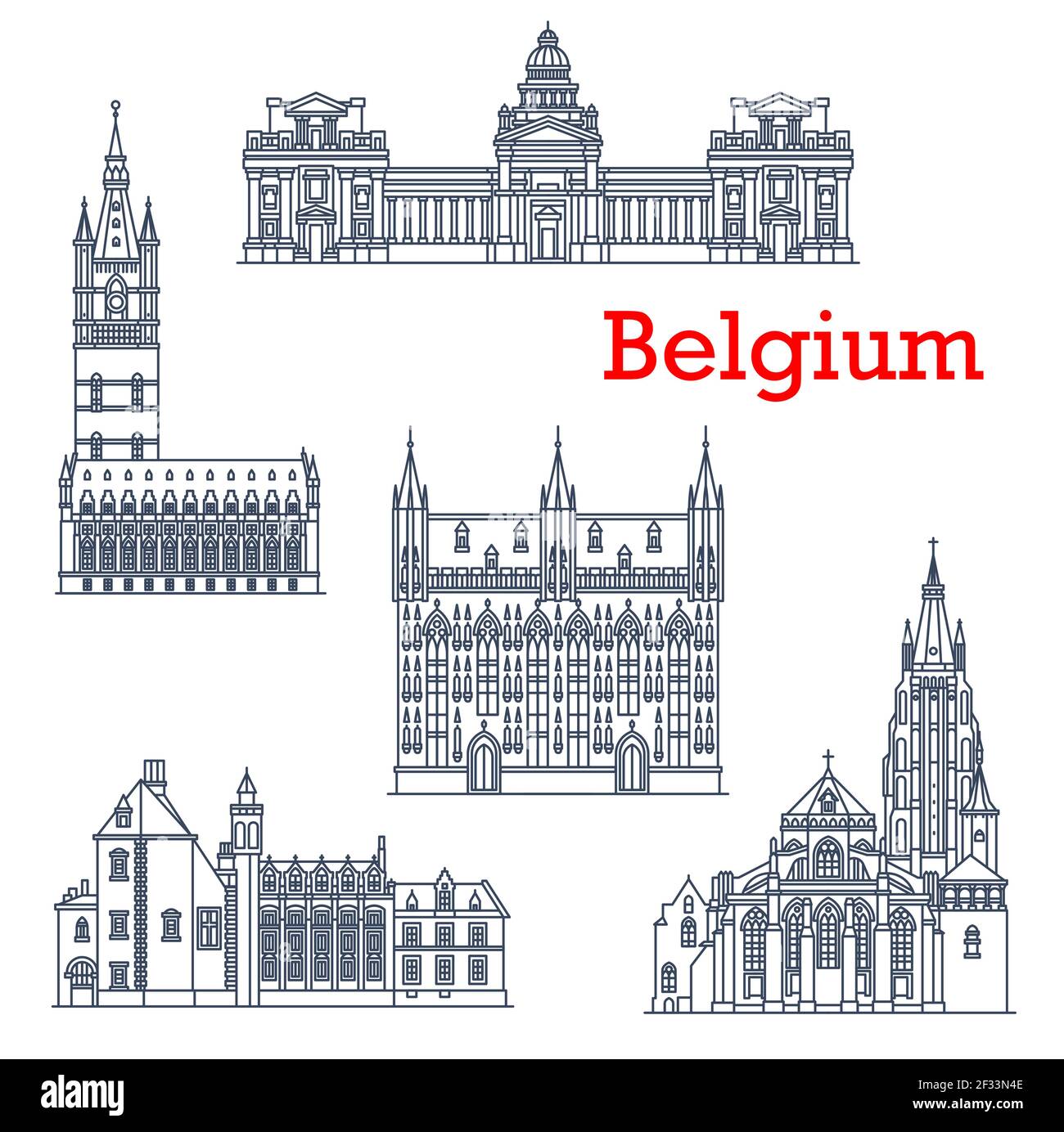 Belgium architecture landmarks, Bruges cathedrals, vector Brussels buildings line icons. Bruxelles Justice palais, cathedral Notre Dame of Our Lady, B Stock Vector
