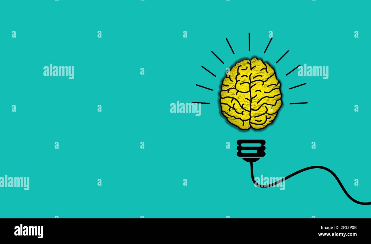 Glowing yellow brain. flat in blue background Energy and power concept. blue background Stock Photo