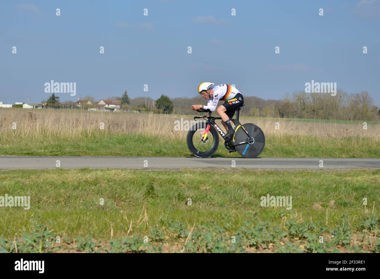 Gien, France, 9 March, 2021. Tony Martin (Team Jumbo Visma) in full effort during individual time trial in Paris-Nice cycling race stage 3 Stock Photo