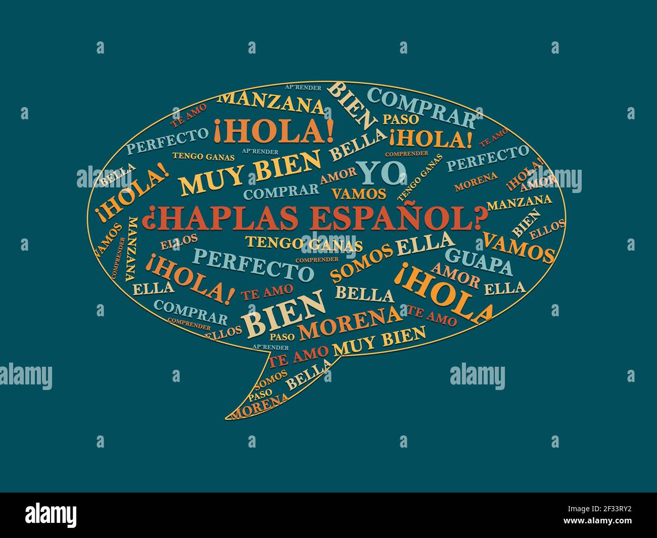 Do You Speak Spanish in Spain language words (hablas Español) speak Spanish bubble speech. with most popular Spanish words in net blue background Stock Photo