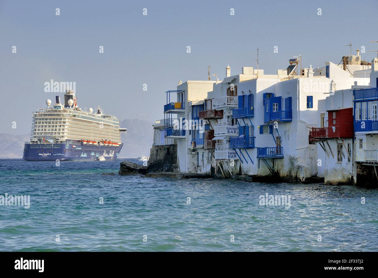geography / travel, Greece, cruiser and former captain's houses of Little-Venice, Mykonos-Stadt, Mykon, Additional-Rights-Clearance-Info-Not-Available Stock Photo