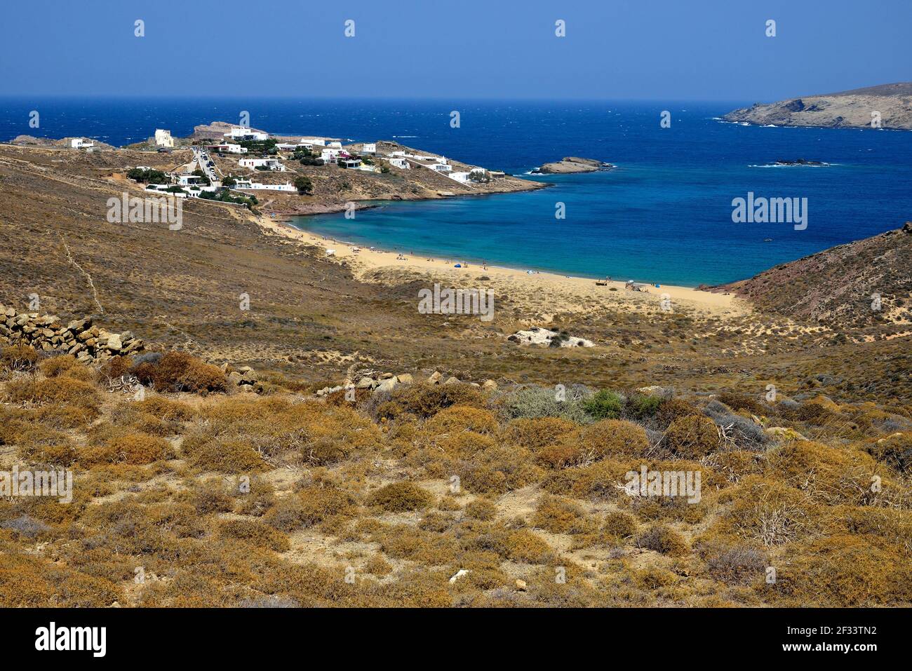 geography / travel, Greece, view towards the john Agios Sóstis with his fine sandy beach, Mykonos, Cyc, Additional-Rights-Clearance-Info-Not-Available Stock Photo