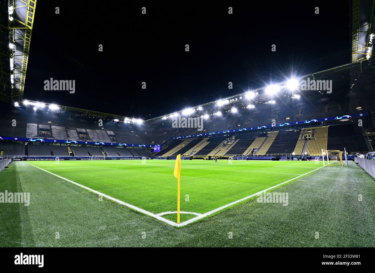 The empty stadium of Borussia Dortmund, Signal Iduna Park. Formerly known as Westfalenstadion. Dortmund, North Rhine Westfalia, Germany Stock Photo