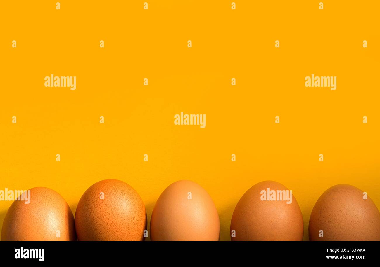 Brown chicken eggs on a orange background. Easter spring backgrounds. Copy space, frame with a lower border. Stock Photo