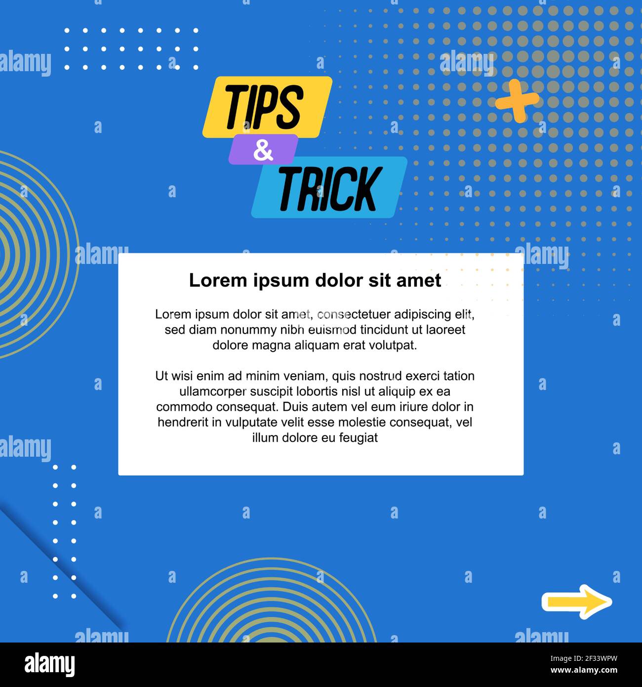 Blue yellow square background quick tips, tip, trick with geometric design. Suitable for social media tutorial layout template. Stock Vector
