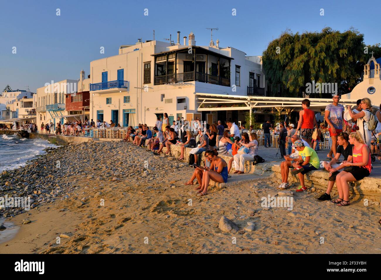 geography / travel, Greece, tourists monitor the sunset in Little-Venice, Chora or Mykonos City, Mykon, Additional-Rights-Clearance-Info-Not-Available Stock Photo