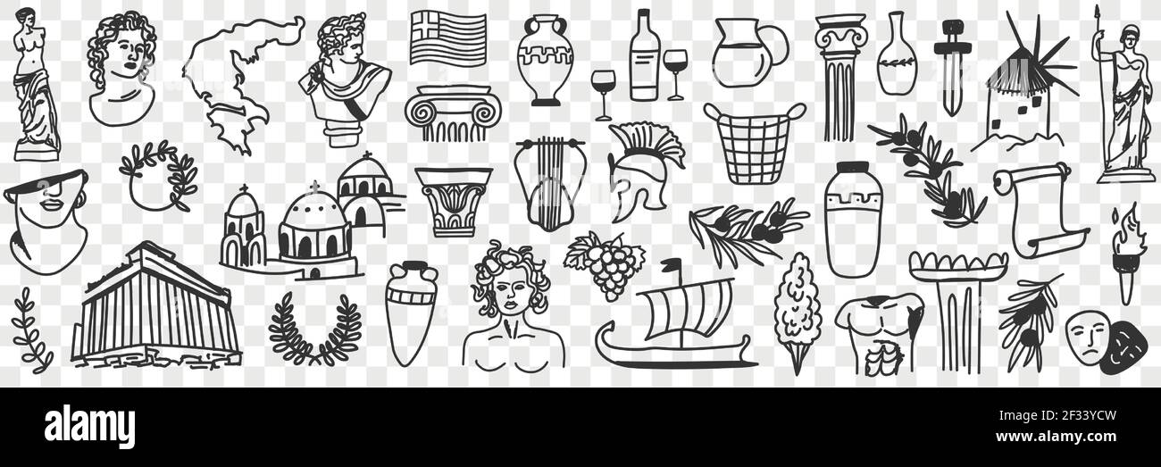 Symbols of ancient culture doodle set. Collection of hand drawn greek sculptures buildings arch gods ships musical instruments masks for theatre from historical times on transparent background Stock Vector
