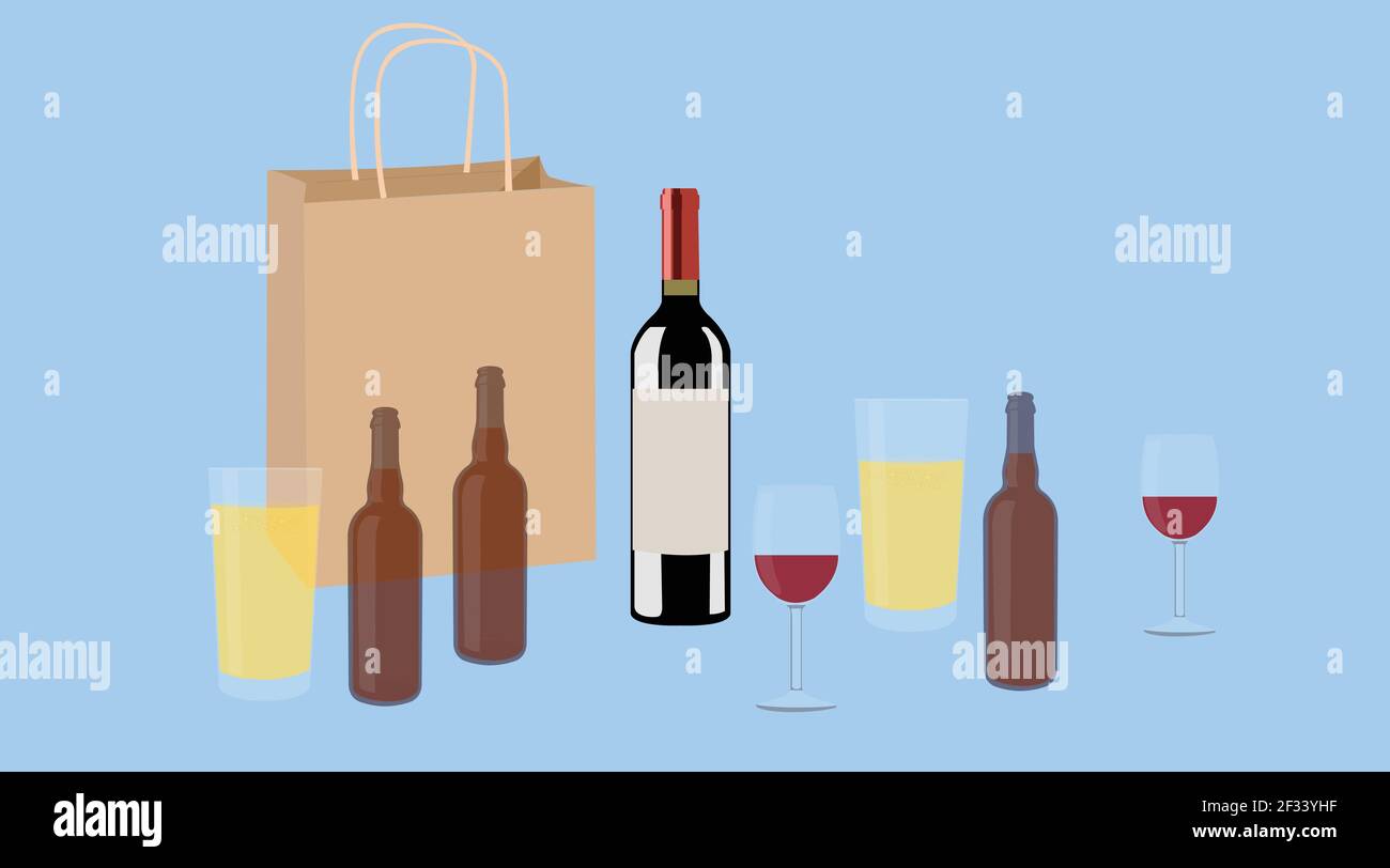 Download Wine And Beer Vector Isolated Illustration Of A Bottle Of Wine Cups Of Wine And Bottles And Glasses Of Beer With A Paper Take Away Bag Stock Vector Image Art