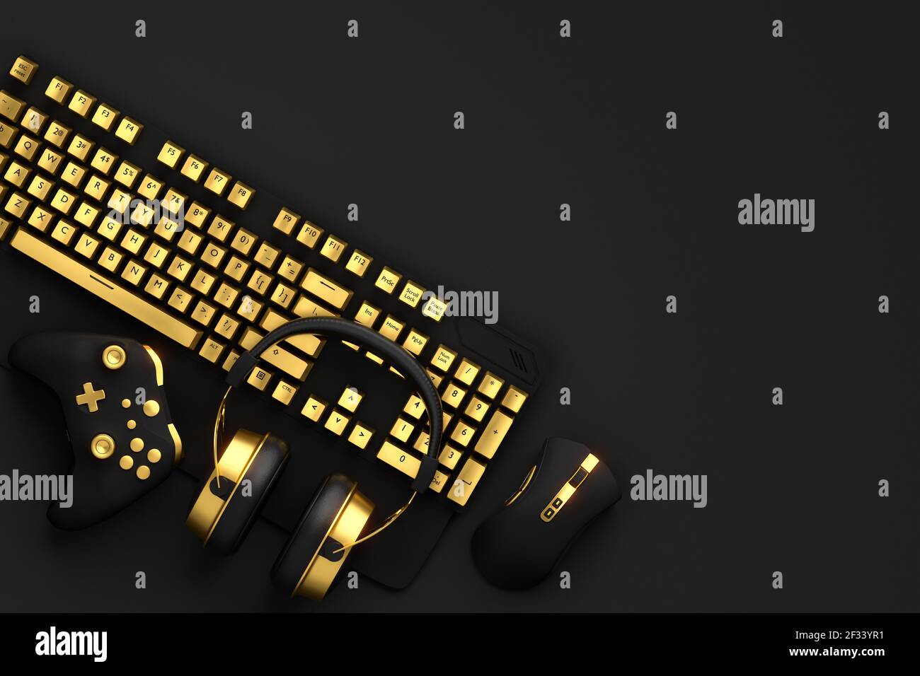 Top view of gamer workspace and gear like mouse, keyboard, joystick