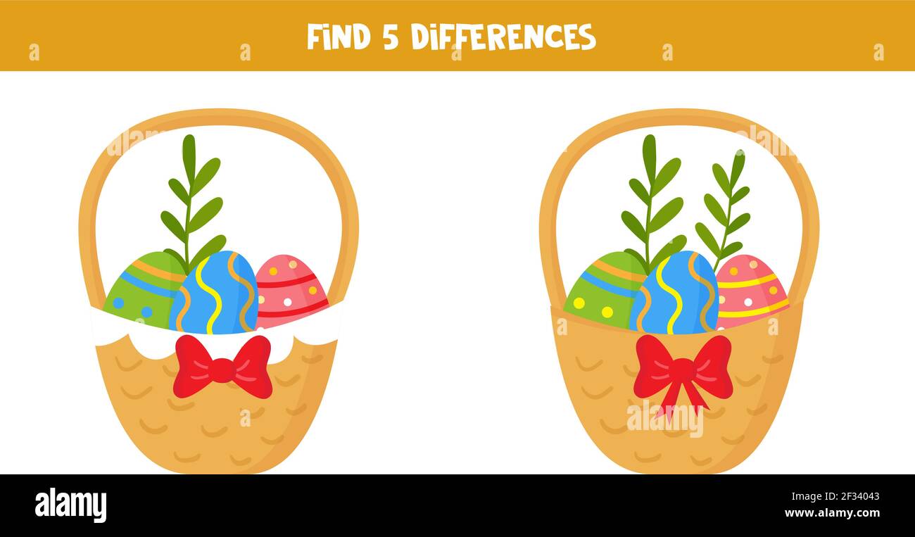 Find five differences between two Easter baskets full of eggs. Stock Vector