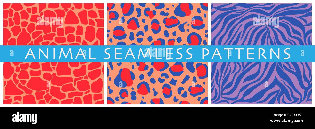 Set of vector seamless patterns of decorative animal prints. Abstract stripes and spots similar to the skin of a leopard, giraffe, tiger, crocodile. F Stock Vector