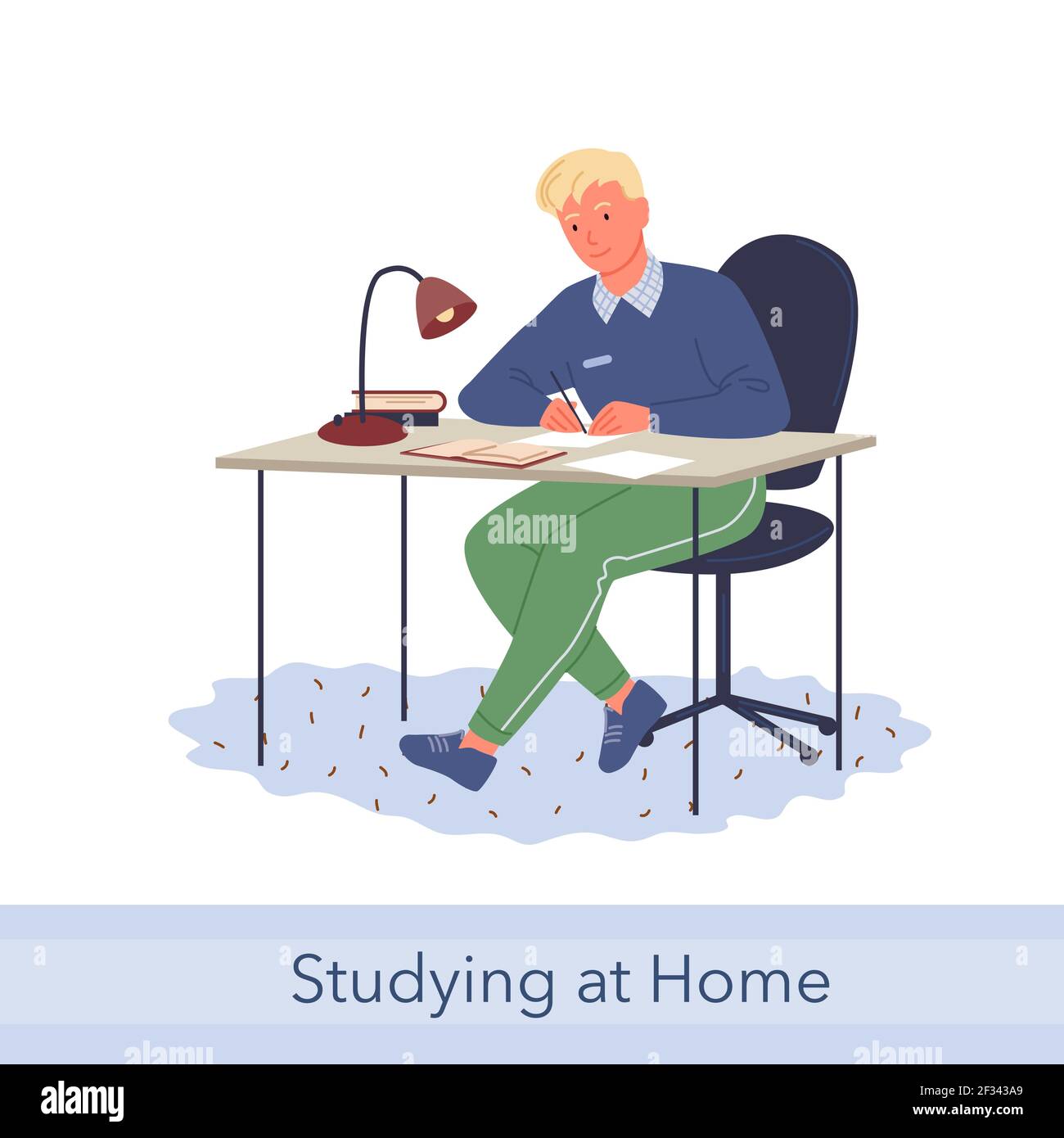 Home education, knowledge concept, young man student or worker sitting at desk, working Stock Vector