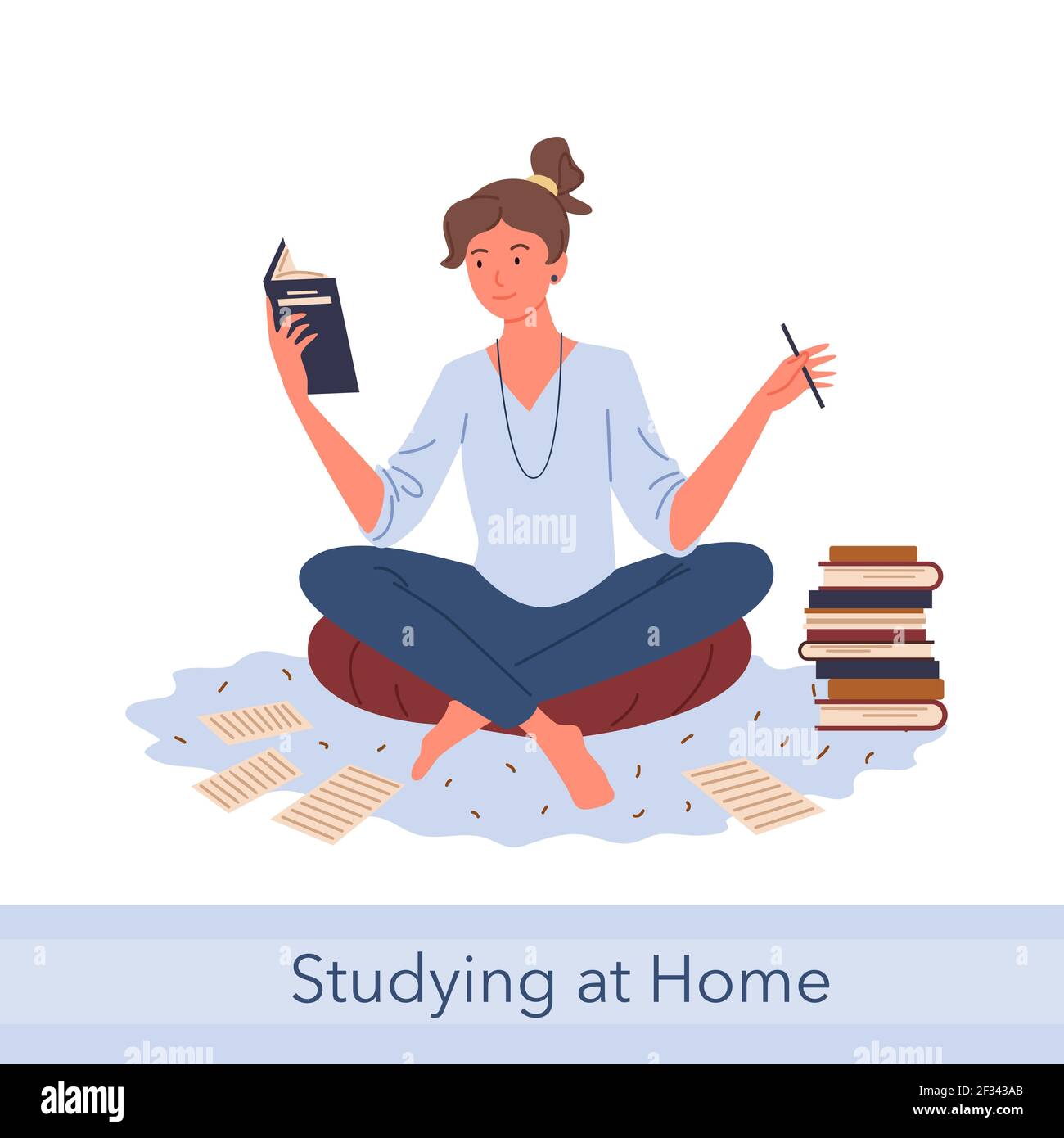 Distance study self education, knowledge concept with young happy woman student reading Stock Vector