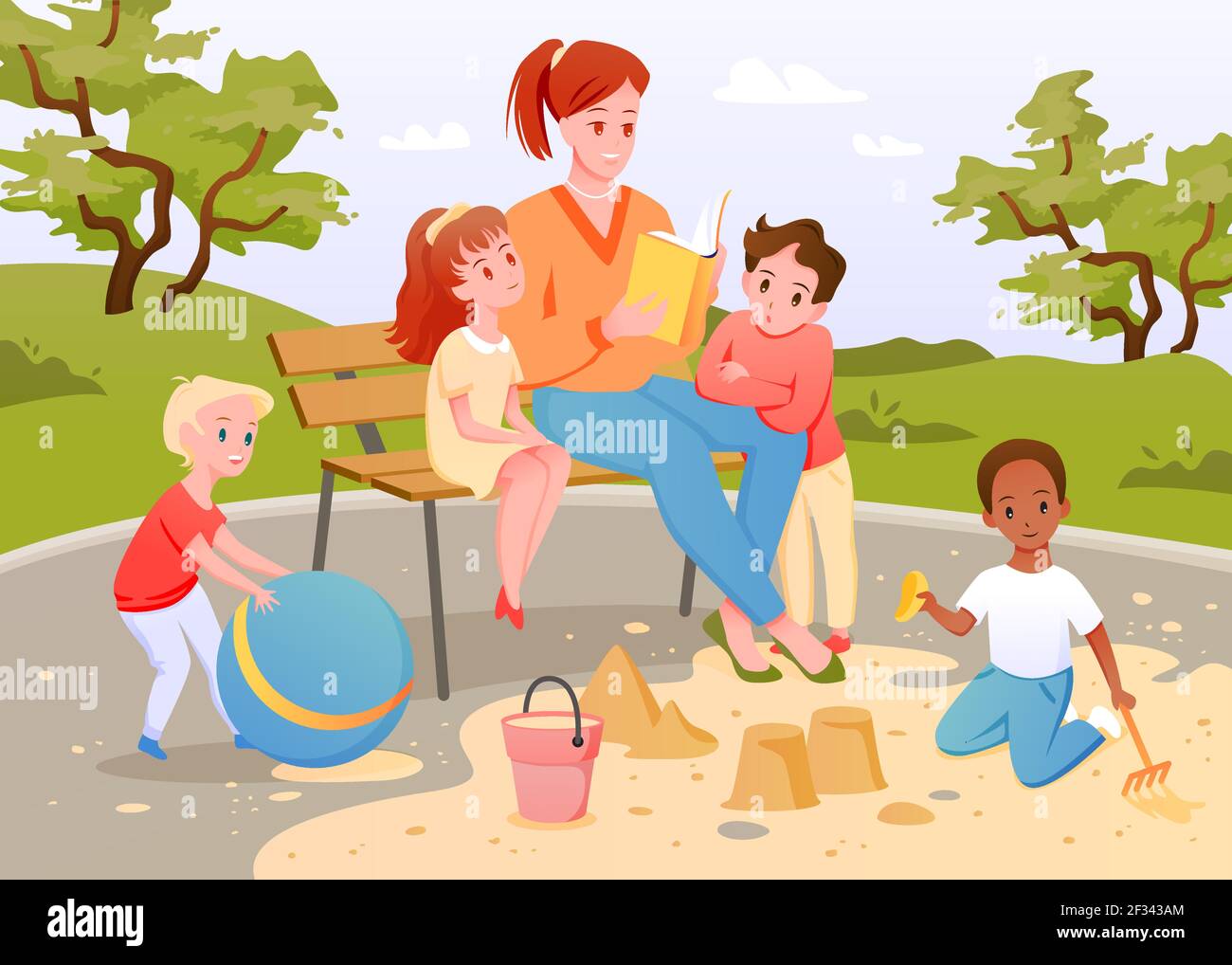Children and teacher read book together, boy girl child playing in sandbox and with ball Stock Vector