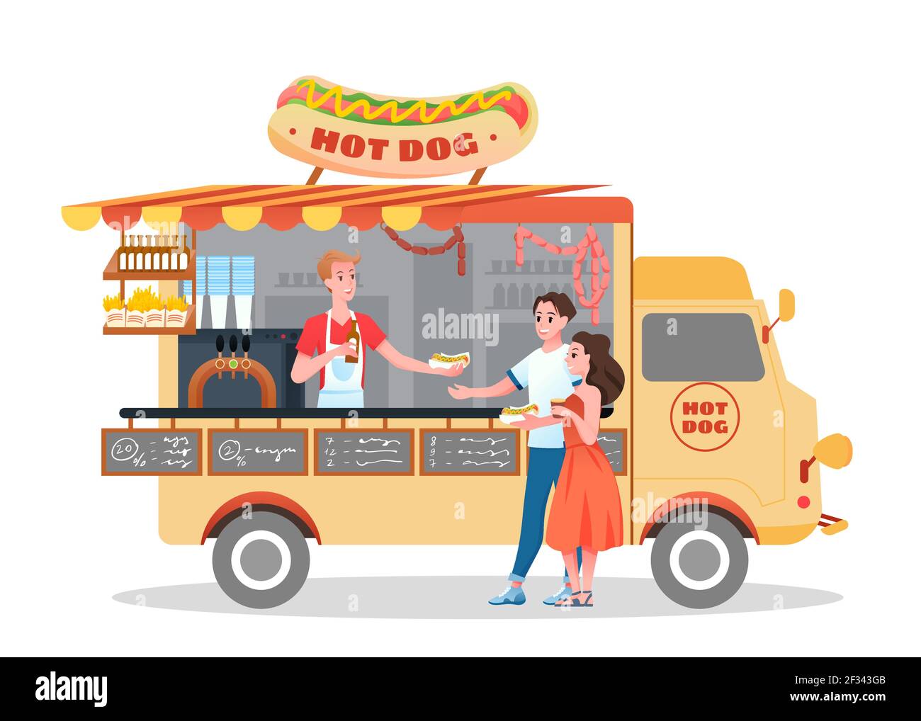 Hot dog street market fastfood truck, happy couple people buy hotdogs from vendor Stock Vector