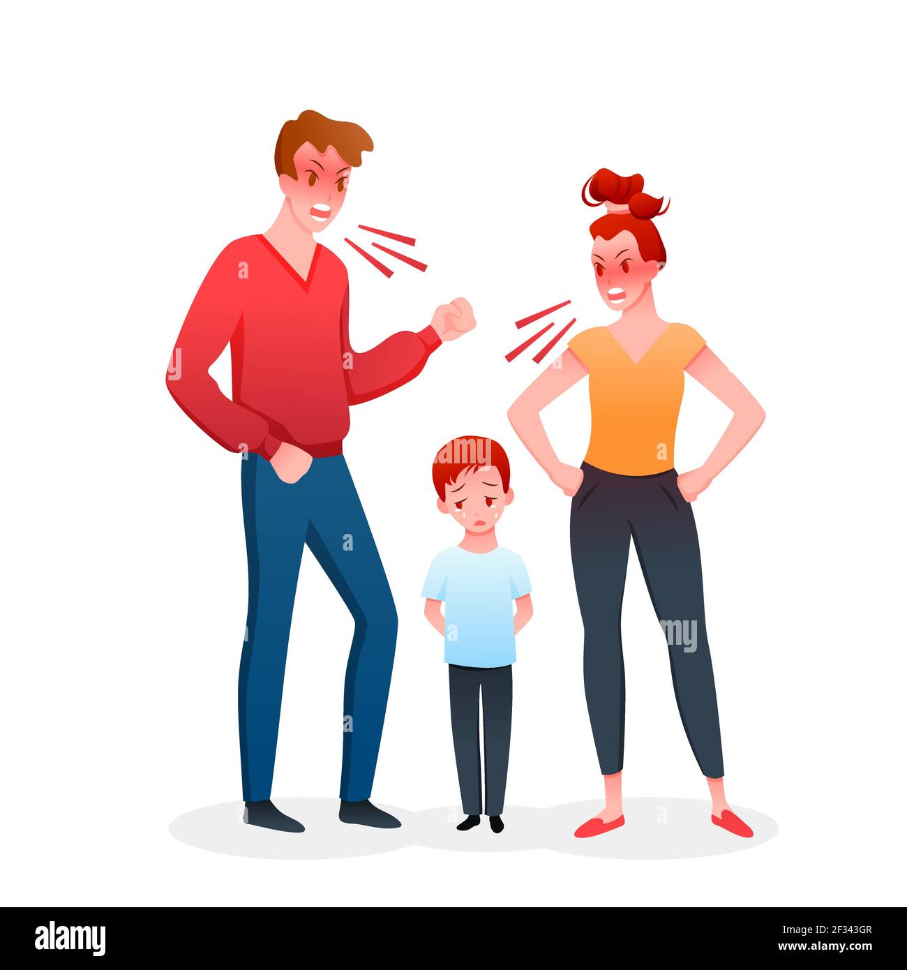 Family parents people quarrel, mother and father quarreling shouting, boy child crying Stock Vector