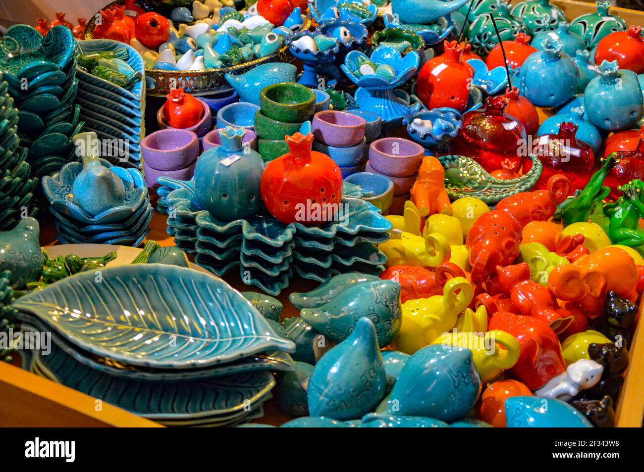 Tehran, Iran - November 23, 2015: Colorful handmade ceramics souvenirs sold at the Tehran Bazaar in Iran Stock Photo