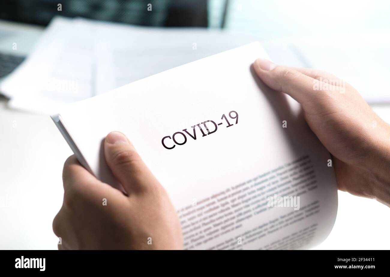Covid report and corona virus data document. Coronavirus pandemic impact and result on business market and finance. Doctor doing vaccine research. Stock Photo