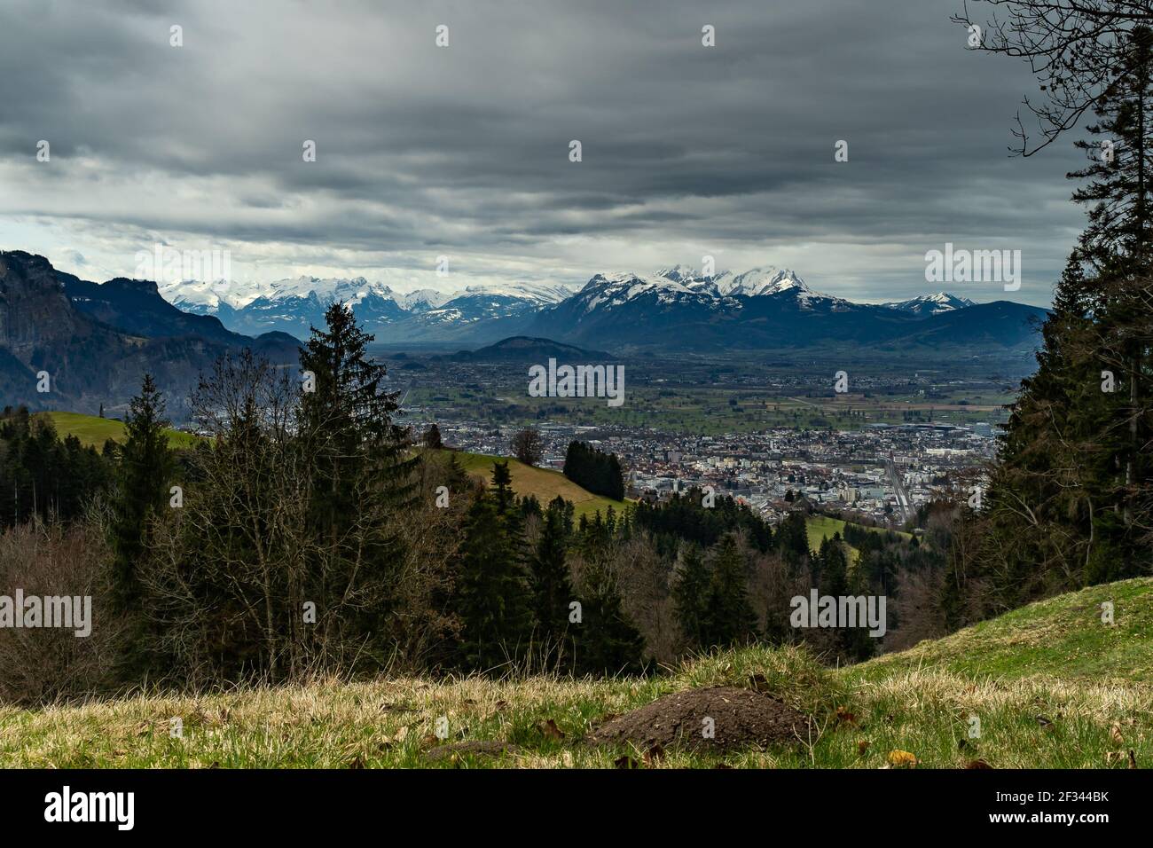 View from Dornbirn Fluh over the Rhine Valley to the Swiss mountains and the Säntis. dark rain clouds give an interesting mood. Gewitterstimmung sky Stock Photo