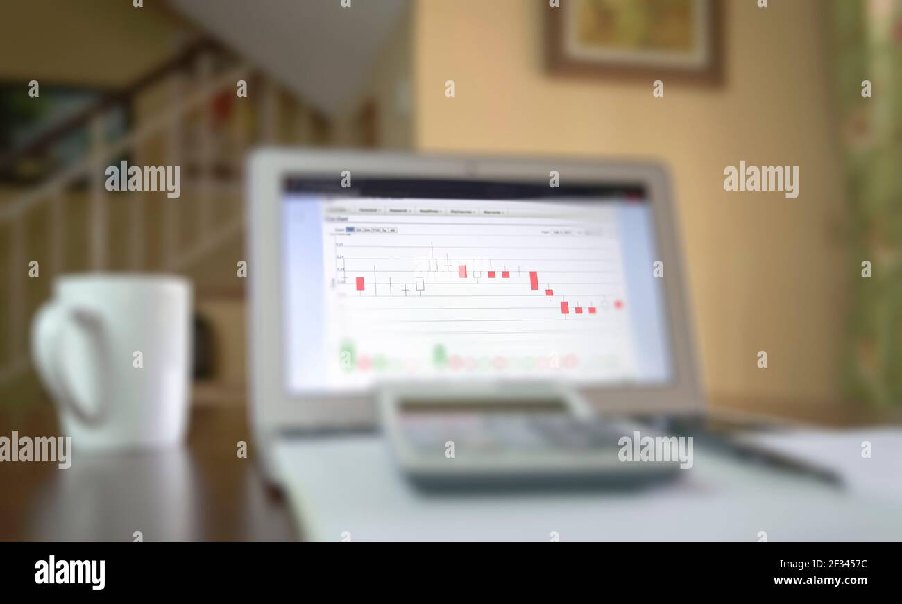 Candlestick chart on computer screen. Selective focus. Stock trading at home concept. Stock Photo