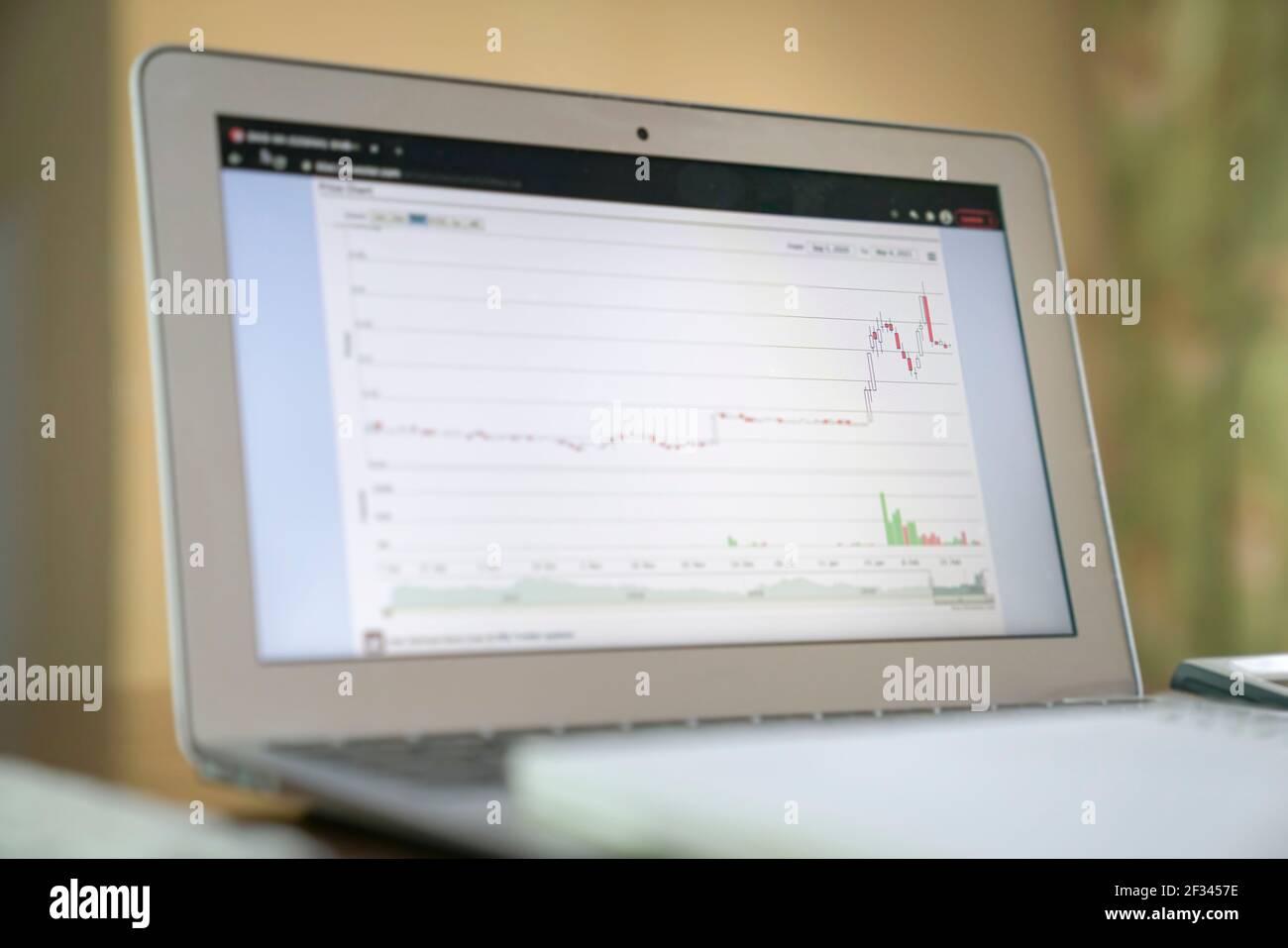 Candlestick chart on computer screen. Selective focus. Home setting. Stock trading at home concept. Stock Photo