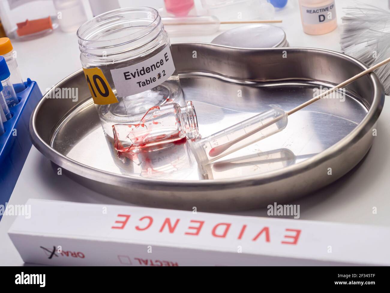 Bloodstained glass sample in an evidence jar, concept image Stock