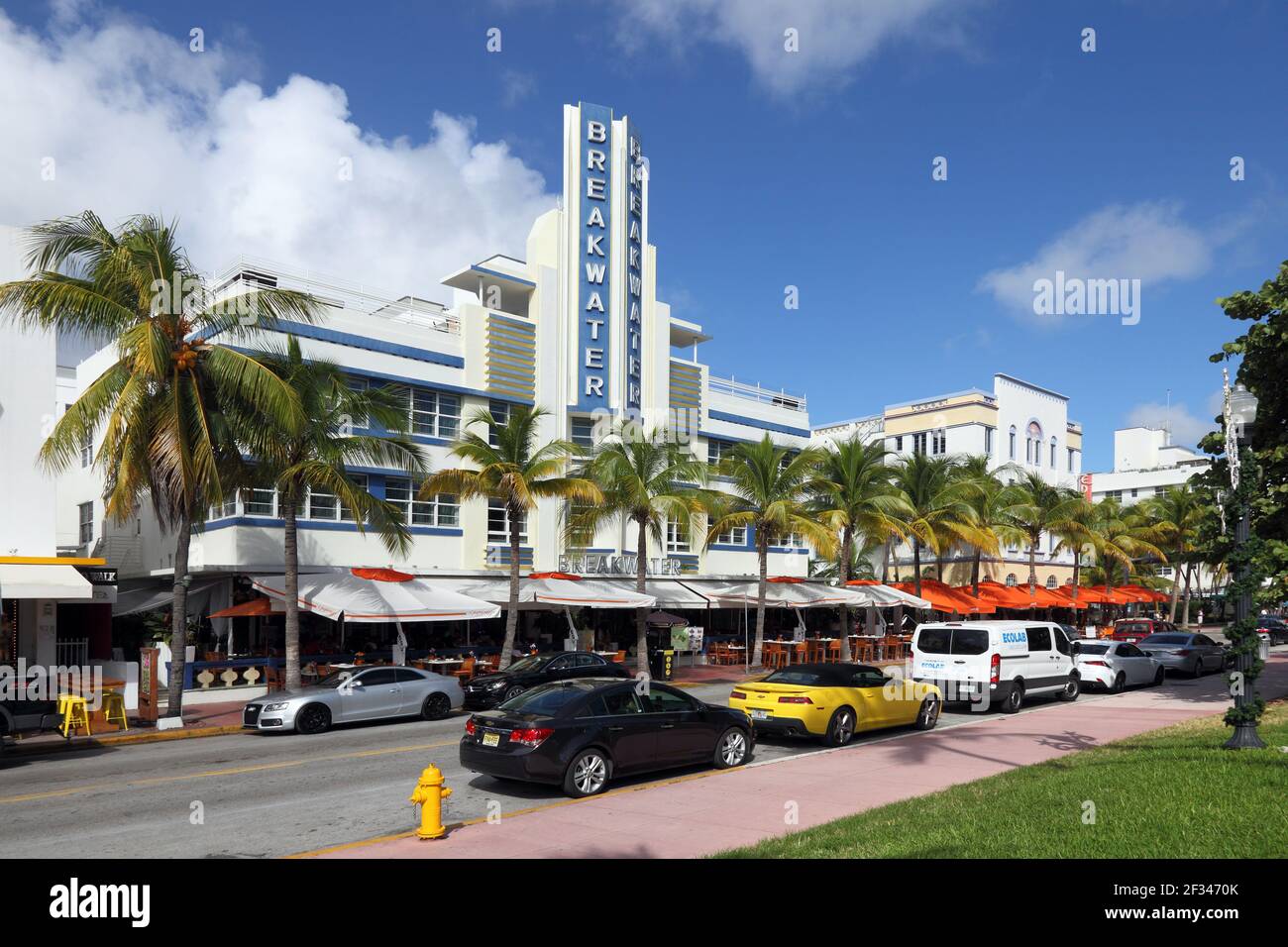 geography / travel, USA, Florida, Miami Beach, Breakwater hotel, breed Deco District, ocean drive, Mia, Additional-Rights-Clearance-Info-Not-Available Stock Photo