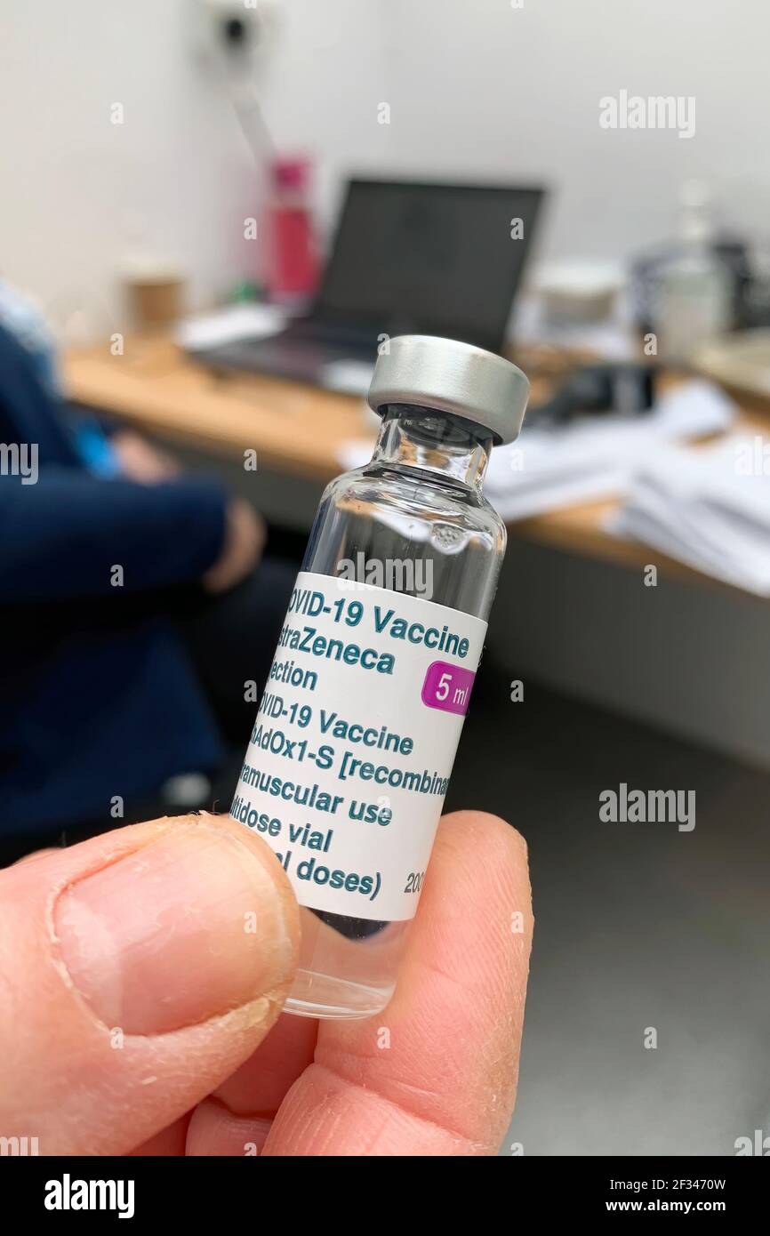 Southampton, UK - 13th March 2021: A vial of Oxford AstraZeneca Covid-19 vaccination at a UK NHS vaccination centre. This 5 ml bottle is sufficient to Stock Photo