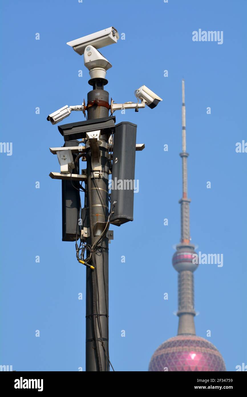 Security cameras on the Bund in Shanghai, China. Covering 360 degrees