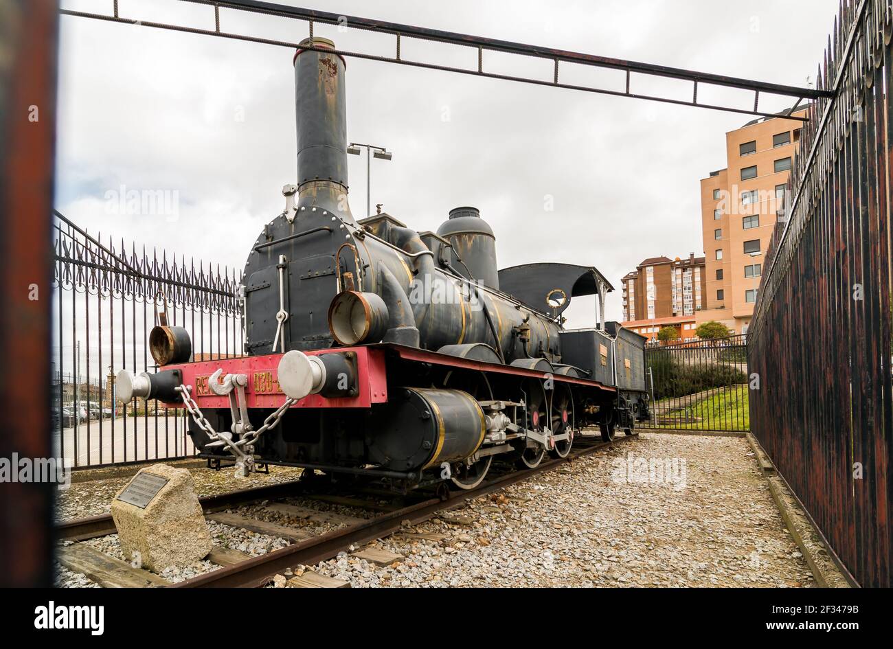 Old steam locomotive train used by the national network of Spanish railways in Zamora, Spain. Stock Photo