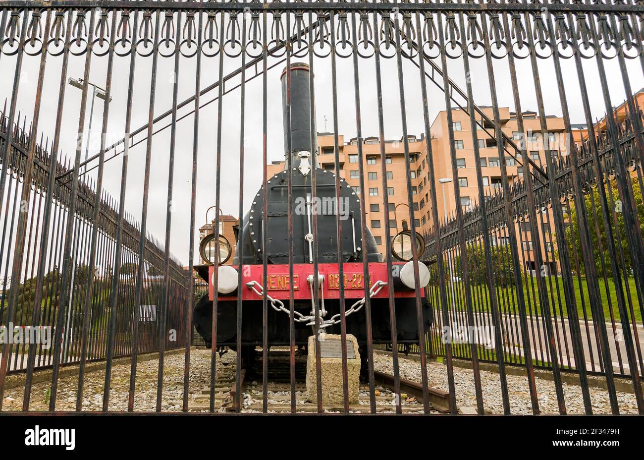 Old steam locomotive train used by the national network of Spanish railways in Zamora, Spain. Stock Photo