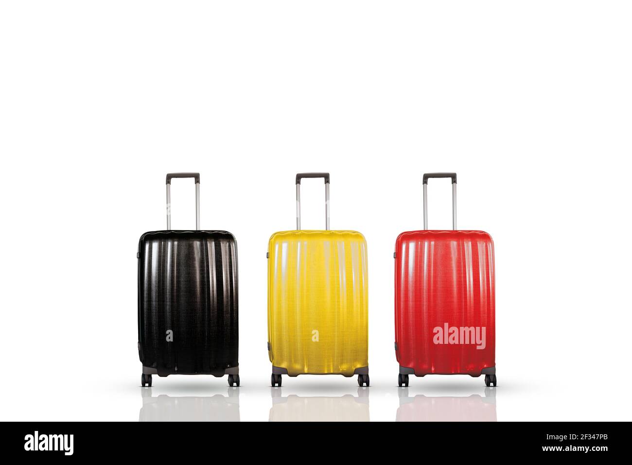 Three travel suitcases representing the National flag of Belgium. Stock Photo