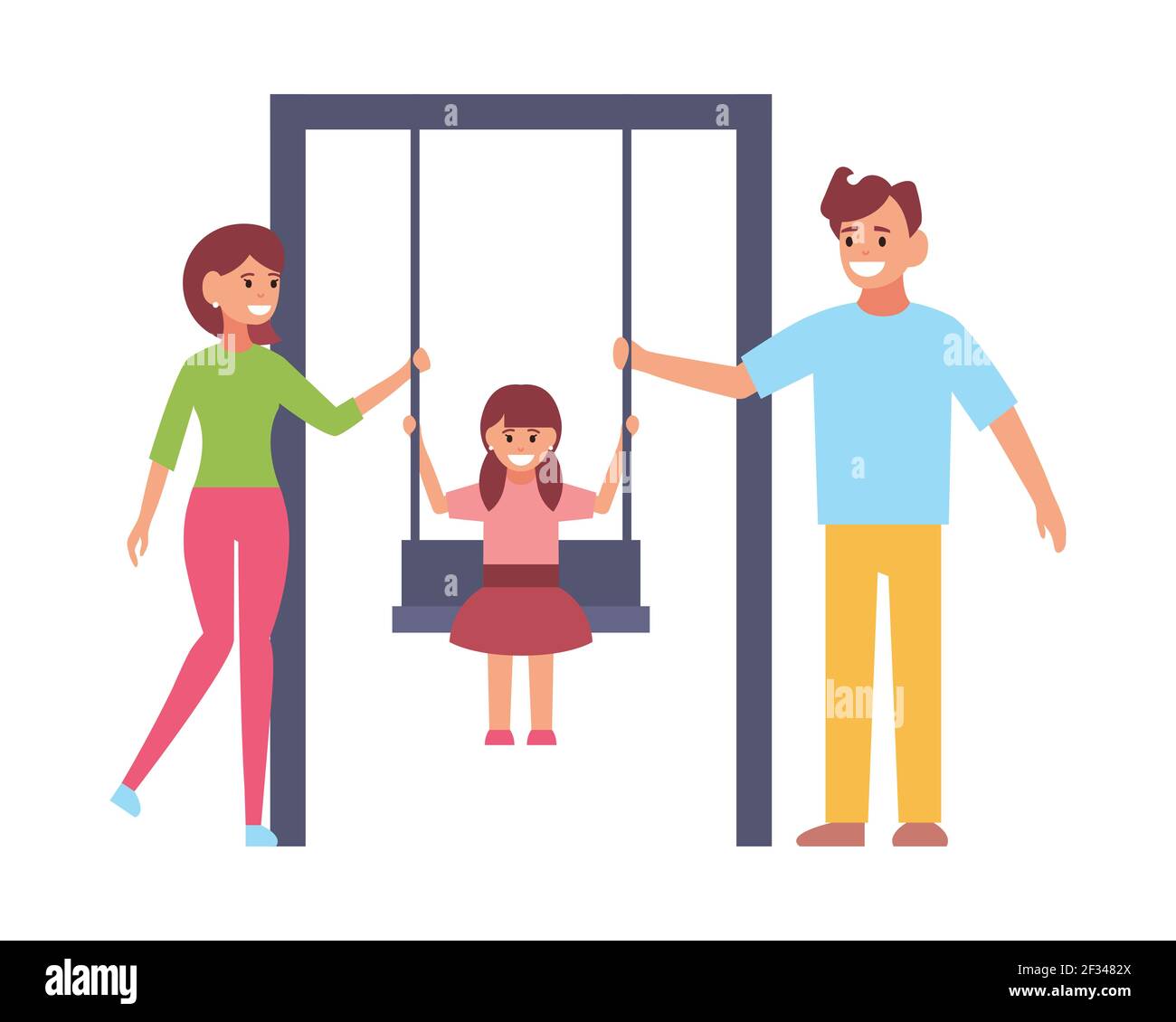 Swinging child on a swing. Parents rock the baby. Vector flat style isolated illustration. Stock Vector