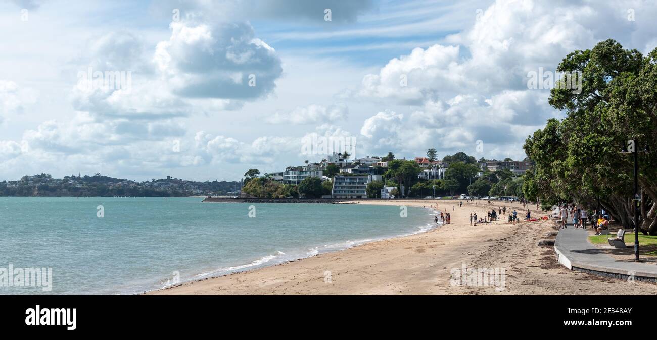 AUCKLAND, NEW ZEALAND - Mar 09, 2021: Panoramic view of Mission Bay beach Stock Photo