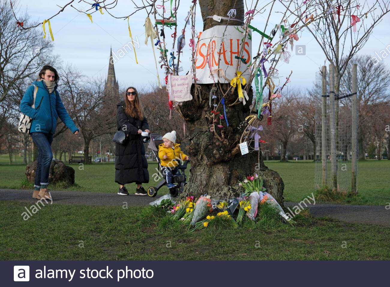 Edinburgh, Scotland, UK. 15th  Mar 2021. Sarah Everard memorial created yesterday at the Meadows with ribbons and messages wrapped around an old tree.  Credit: Craig Brown/Alamy Live News Stock Photo