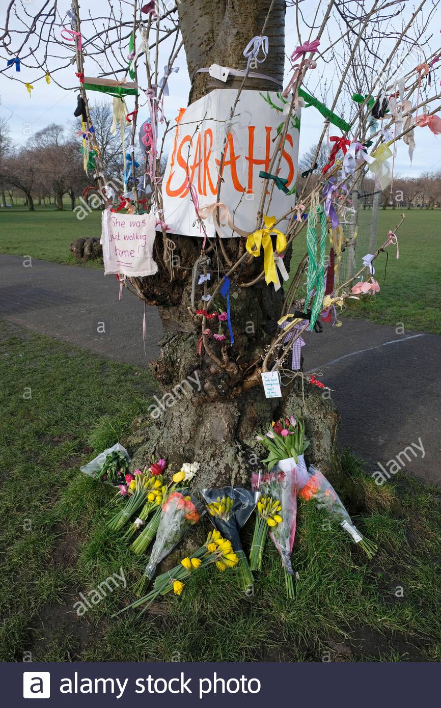 Edinburgh, Scotland, UK. 15th  Mar 2021. Sarah Everard memorial created yesterday at the Meadows with ribbons and messages wrapped around an old tree.  Credit: Craig Brown/Alamy Live News Stock Photo