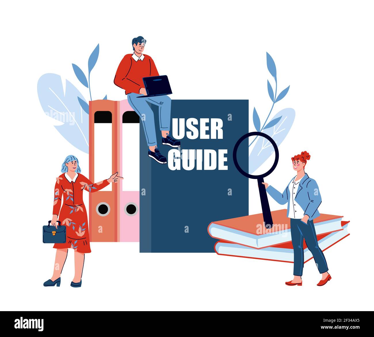 Concept of User manual guide for web page banner or social media poster with people standing next to guide books, cartoon vector isolated. Requirement Stock Vector