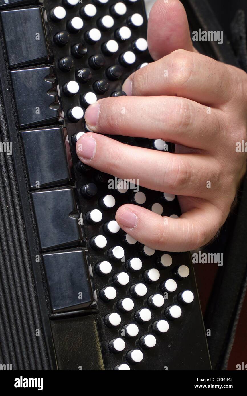 Accordion player's left hand on the accordion keyboard Stock Photo Alamy