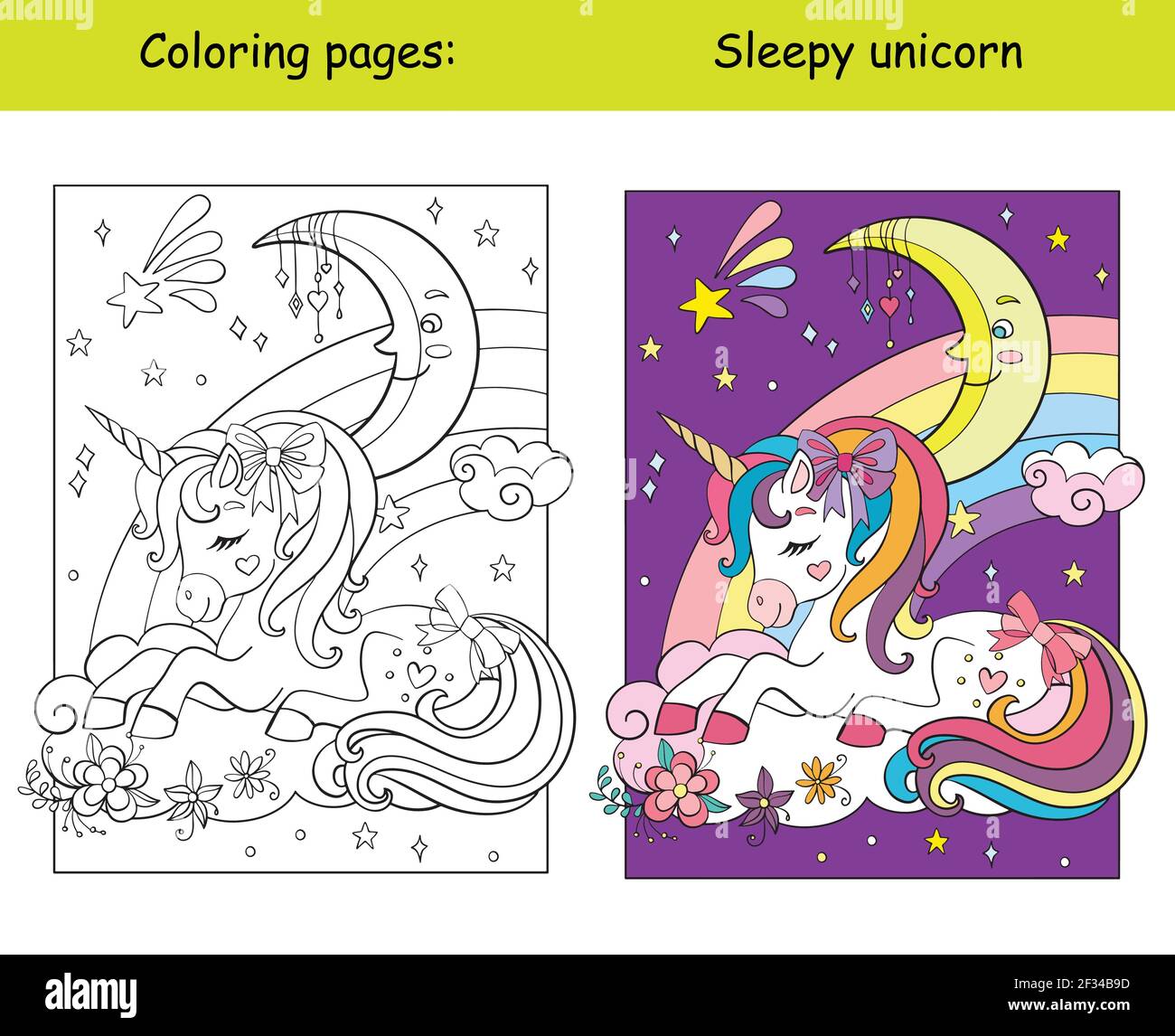 Cute sleepy unicorn lying on cloud. Coloring book page for children ...