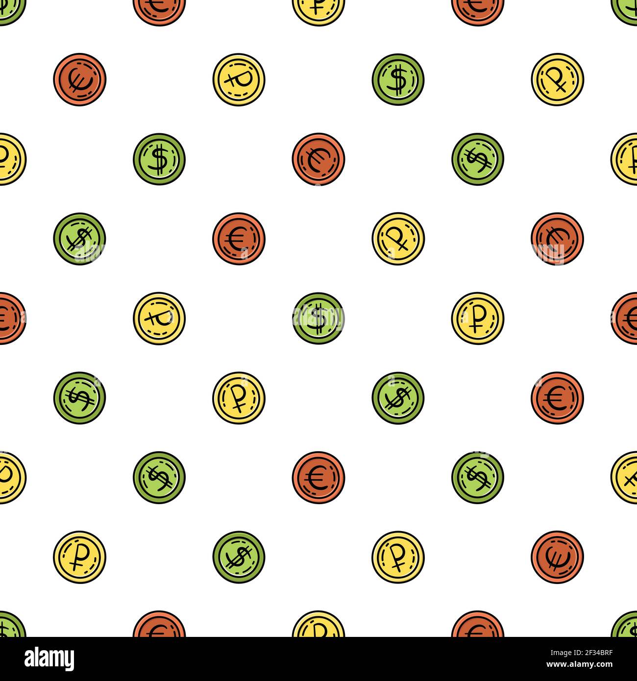 Hand drawn vector seamless pattern with coins. Decorative background. Dollar, euro, ruble. Stock Vector